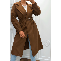 Long manteau marron avec ceinture et poches - 7