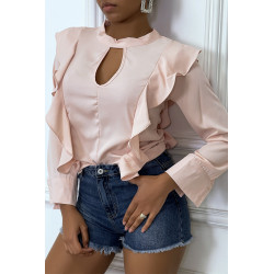 Blouse chic rose à manches longues et volants - 1