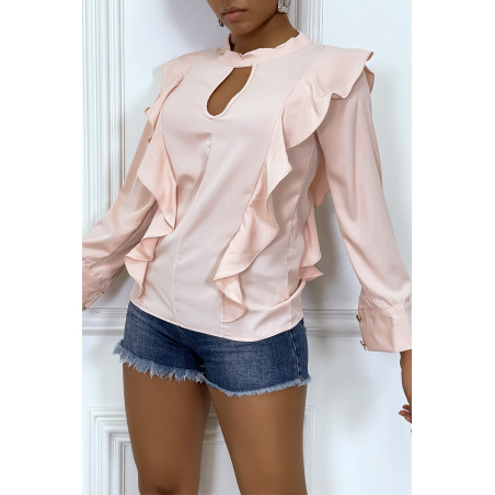 Blouse chic rose à manches longues et volants - 3