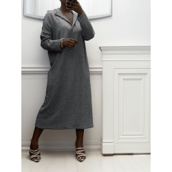 Longue robe épaisse col chemise en gris - 2