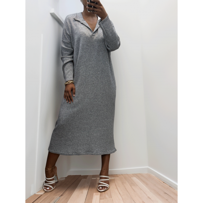 Longue robe épaisse col chemise en gris - 3