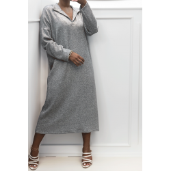 Longue robe épaisse col chemise en gris - 4