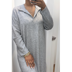 Longue robe épaisse col chemise en gris - 5