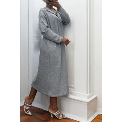 Longue robe épaisse col chemise en gris - 6