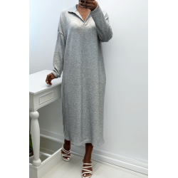 Longue robe épaisse col chemise en gris - 1