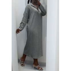 Longue robe épaisse col chemise en gris - 4