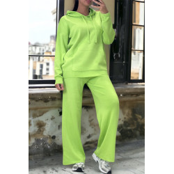 Ensemble vert anis sweat et palazzo en maille tricot très extensible - 1