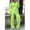 Ensemble vert anis sweat et palazzo en maille tricot très extensible - 1