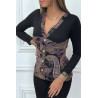 Haut noir à motif violet avec boutons dorée et fronce - 6