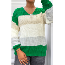 Pull vert grosse maille col v
 - 1