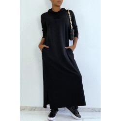 Longue robe sweat abaya noire à capuche - 2