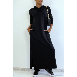 Longue robe sweat abaya noire à capuche - 3
