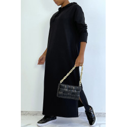 Longue robe sweat abaya noire à capuche - 5