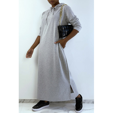 Longue robe sweat abaya grise à capuche - 1