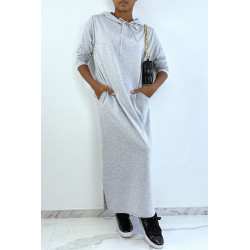 Longue robe sweat abaya grise à capuche - 2