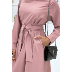 Longue abaya rose avec poches et ceinture - 4