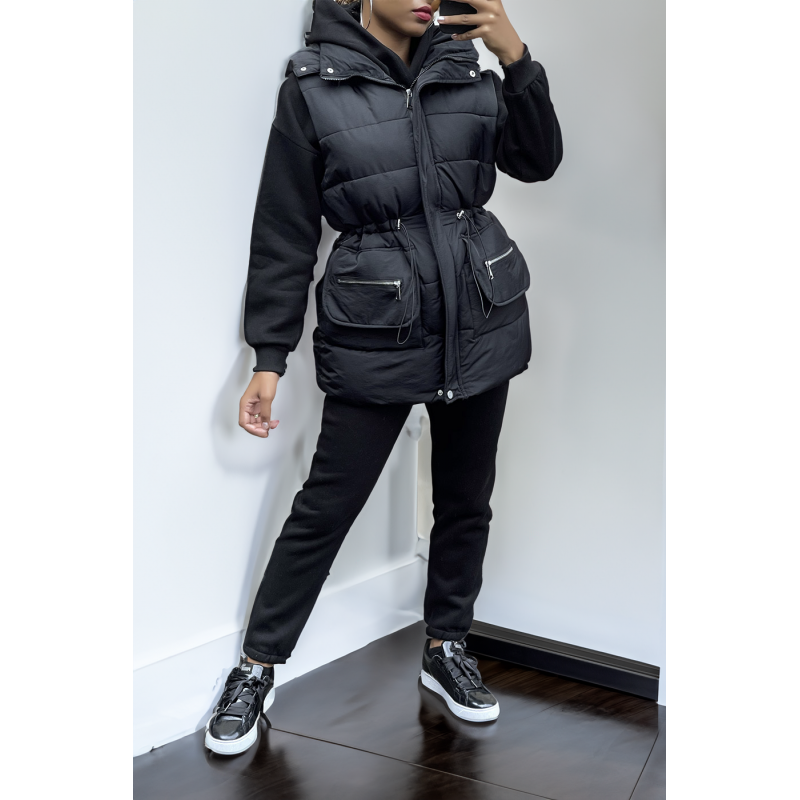 Ensemble 3 pièces doudoune sweat et jogging super épais en noir - 1