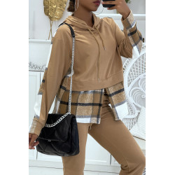 Ensemble de jogging taupe avec pantalon effet push et sweet 2 en 1 sur chemise à carreaux tendance - 3