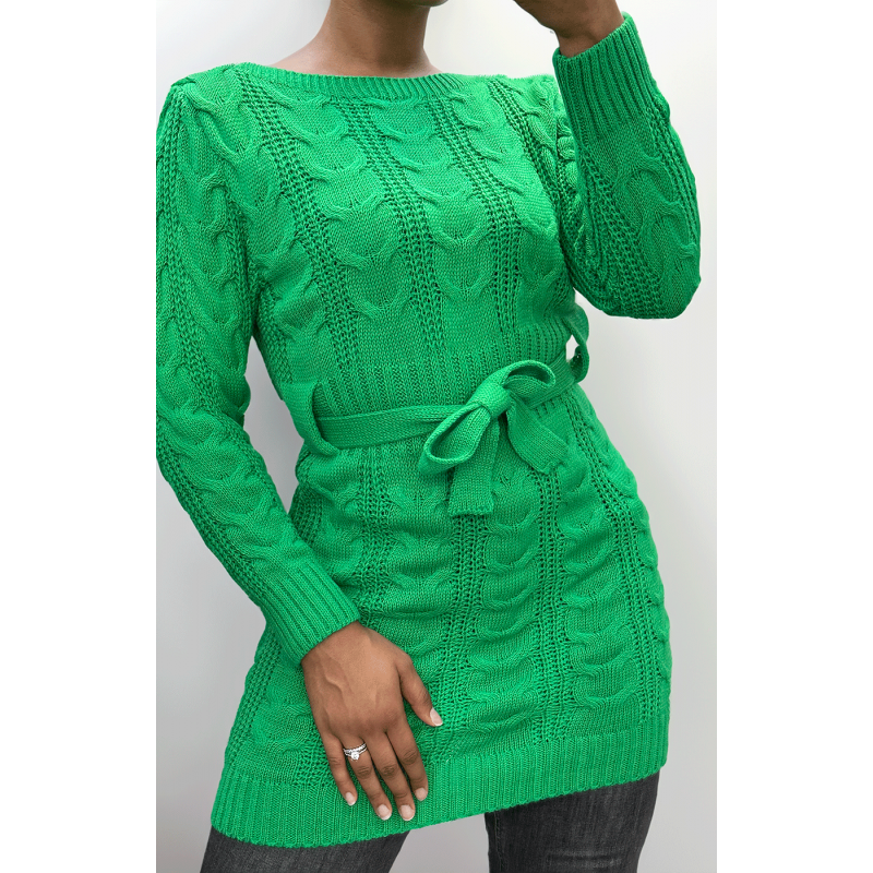 Robe verte en maille torsadée avec ceinture - 1