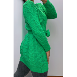 Robe verte en maille torsadée avec ceinture - 2