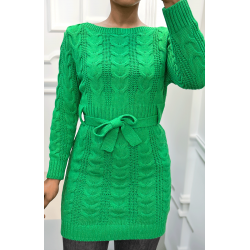 Robe verte en maille torsadée avec ceinture - 3