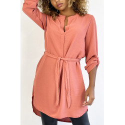 Longue tunique rose col tunisien avec ceinture - 6