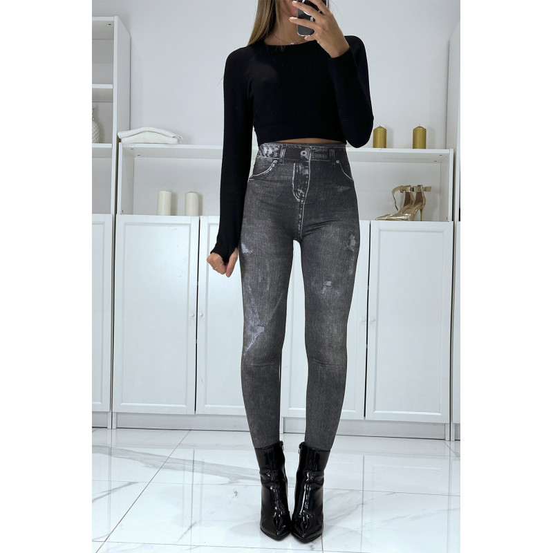 Legging noir taille haute et molletonné motif jean délavé - 1