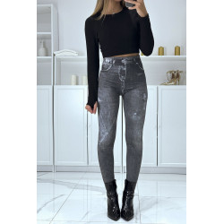 Legging noir taille haute et molletonné motif jean délavé - 3