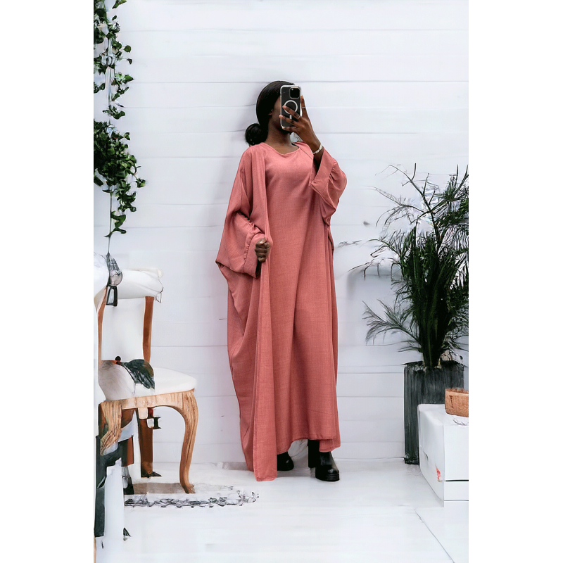 Abaya 2 pièces robe et kimono en rose - 1