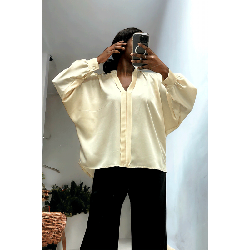 Blouse satiné écru coupe over size avec plis à l'avant  - 2