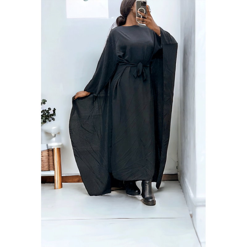 Abaya 2 en 1 noir avec cape intégré et ceinture pour ajusté la taille  - 1