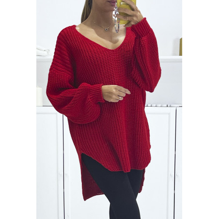 Pull rouge asymétrique en tricot à col v et manches bouffantes, ultra doux - 2