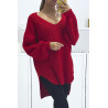 Pull rouge asymétrique en tricot à col v et manches bouffantes, ultra doux - 2