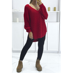 Pull rouge asymétrique en tricot à col v et manches bouffantes, ultra doux - 3