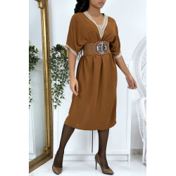 Robe tunique over size marron vol V avec dentelle - 1