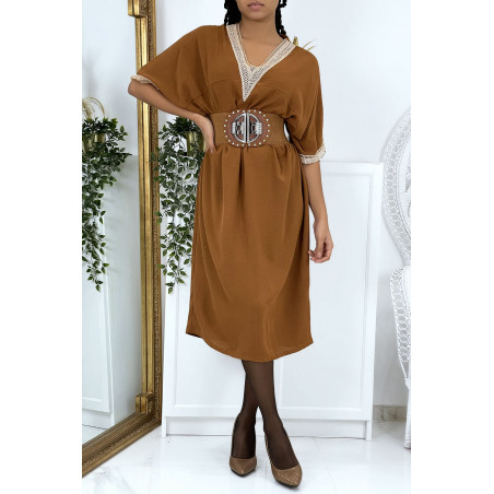 Robe tunique over size marron vol V avec dentelle - 2