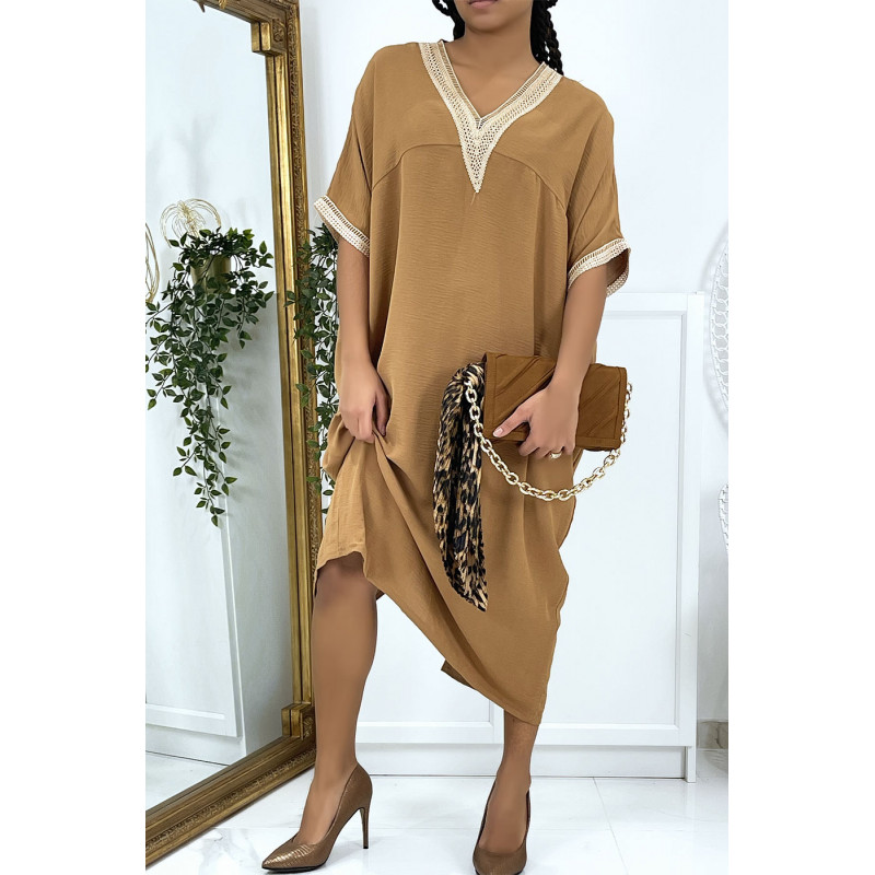 Robe tunique over size camel vol V avec dentelle - 1