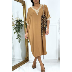 Robe tunique over size camel vol V avec dentelle - 2