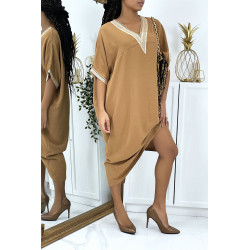 Robe tunique over size camel vol V avec dentelle - 3