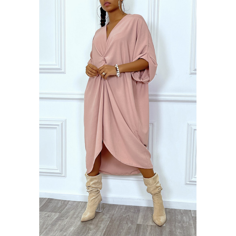 Robe tunique oversize rose col v détail froncé - 2