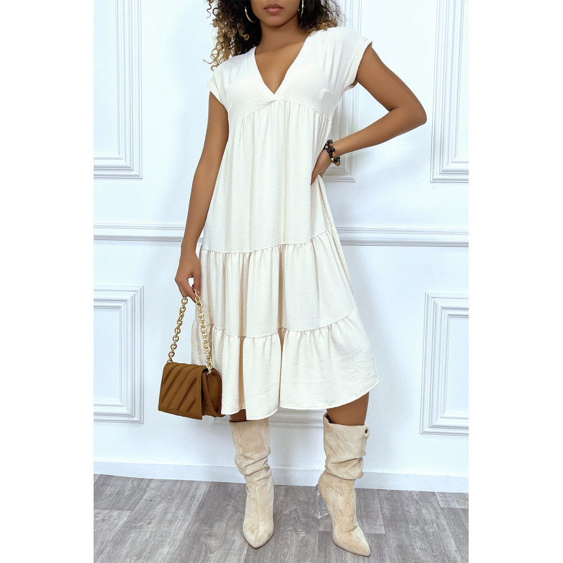 Robe fluide beige mi-longue col V - 3