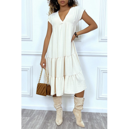 Robe fluide beige mi-longue col V - 3