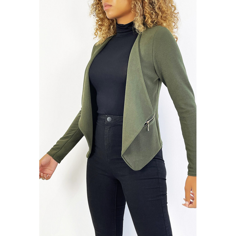 Blazer kaki col revers avec poches à zip. Blazer femme pas cher - 1