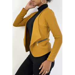 Blazer moutarde col revers avec poches à zip. Blazer femme pas cher - 3