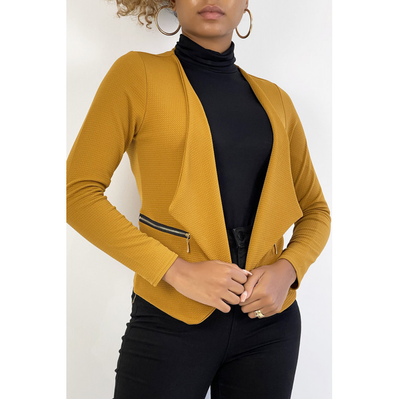 Blazer moutarde col revers avec poches à zip. Blazer femme pas cher - 6