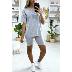 Ensemble short et t-shirt over size gris très fashion - 1