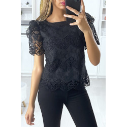 Blouse en dentelle noir avec manches bouffante à volants et noeud - 1