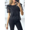 Blouse en dentelle noir avec manches bouffante à volants et noeud - 1