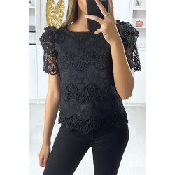 Blouse en dentelle noir avec manches bouffante à volants et noeud - 3