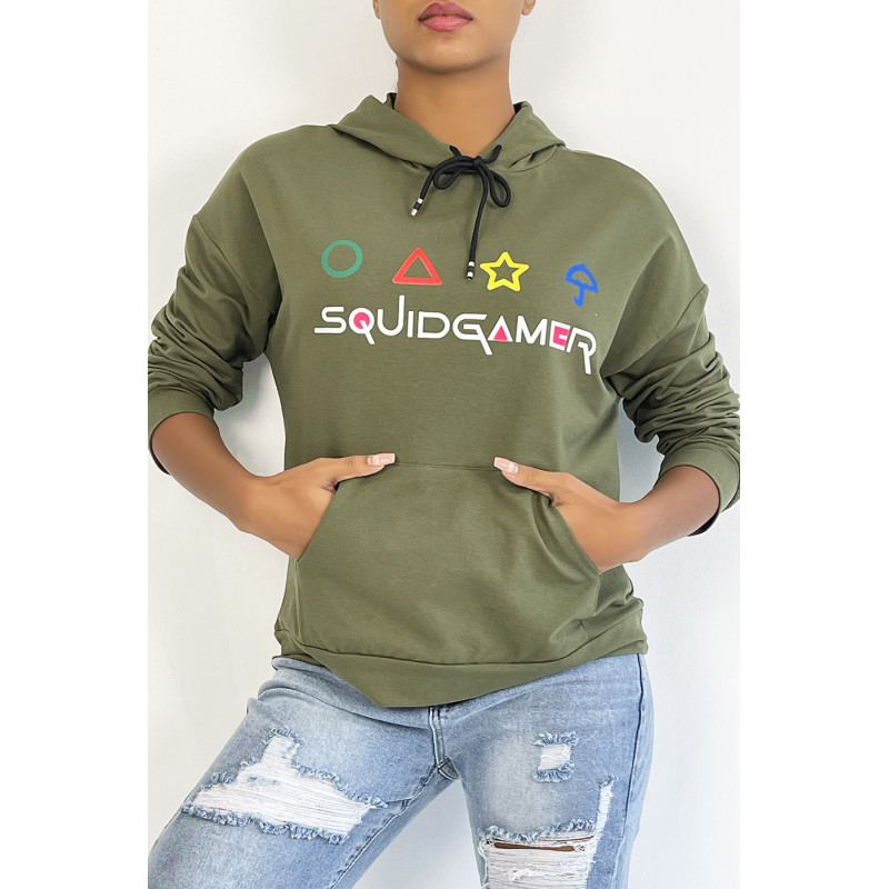 Sweat à capuche kaki avec poche et écriture SQUID GAMER - 3